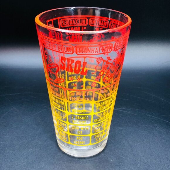 Mid Century Federal Glass Cocktail Shaker Bottom Recipes Ombre Red to Yellow - Picture 1 of 12